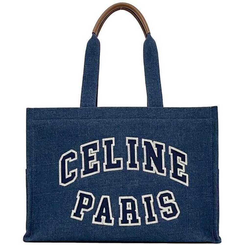 Celine Cabas Tote Bag Blue Denim Leather Logo Embroidery Document Shoulder Rare - Picture 1 of 10